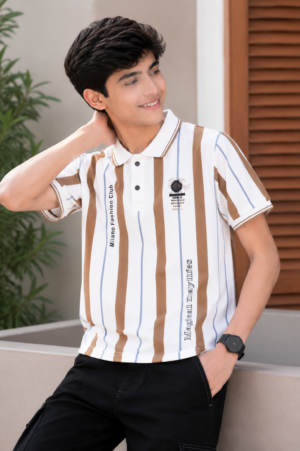 Boys White & Camel Brown Striped Polo Collar Cotton T-Shirt | Casual Half Sleeve Summer Tee 52511-268-BWN-LN