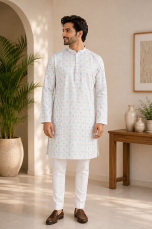 Men's Sky Blue Printed Kurta with White Pajama | Premium Festive Ethnic Wear 1002-437-GRN-EMB