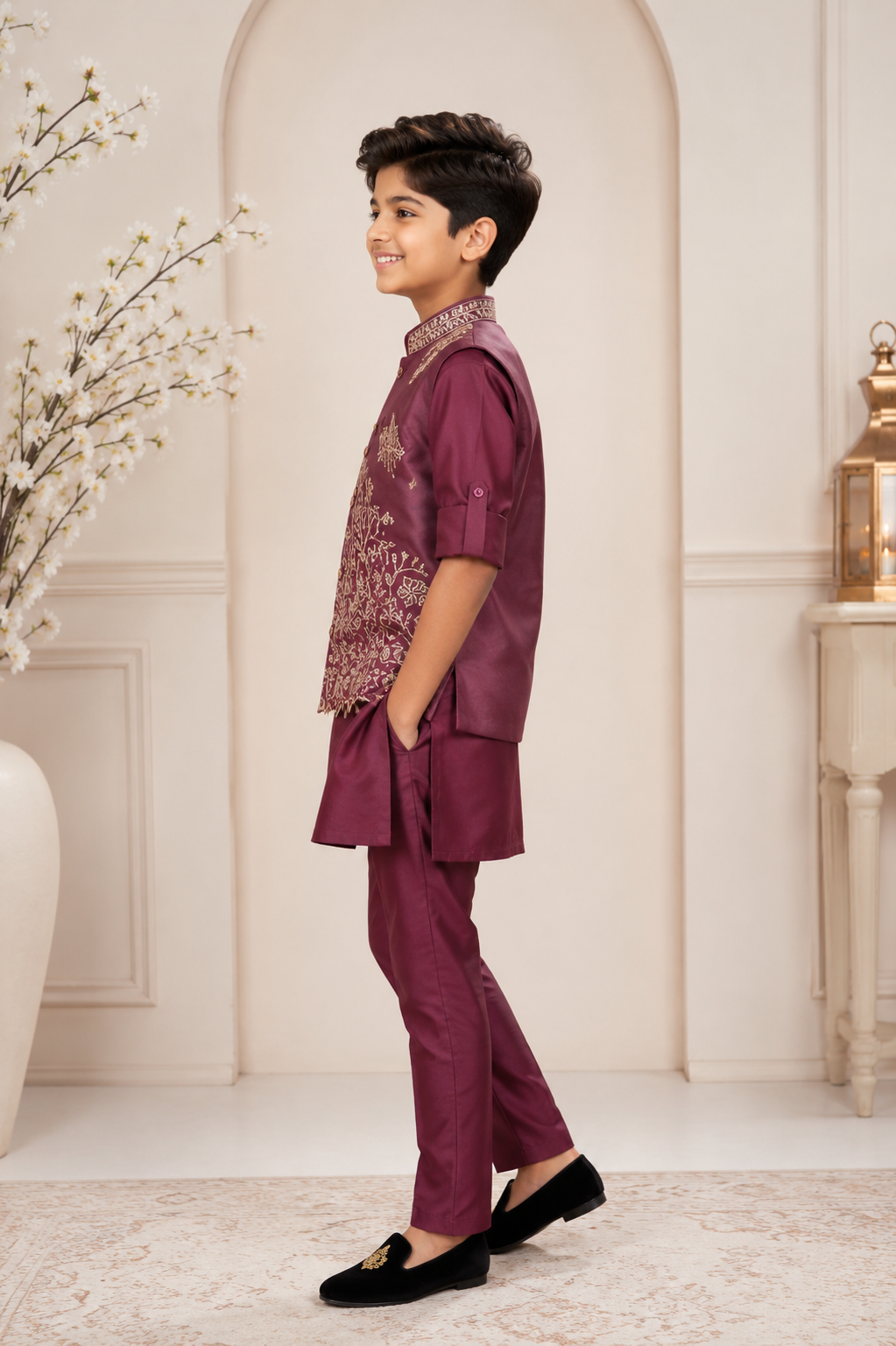 Boys Wine Kurta Pajama Set with Embroidered Nehru Jacket | Premium Festive Ethnic Wear 2617-366-ONN-PR - Image 2