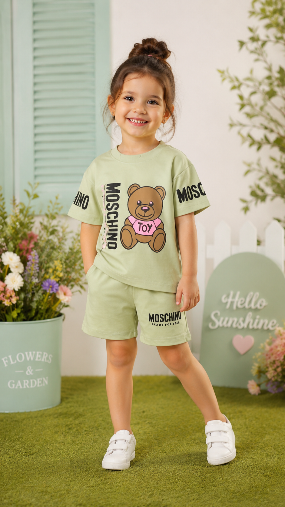 Girls Sage Green Teddy Bear Print Cotton Co-Ord Set | Half Sleeve T-Shirt & Shorts Casual Summer Outfit 1010PT-268-PST BLK