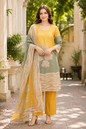 Women's Mustard Yellow & Sage Green Printed Kurta Pant Dupatta Set | Elegant Ethnic Suit | Straight Fit | Festive, Office & Casual Wear 748EM-449-YLW
