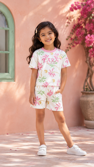 Girls White Tropical Floral Print Cotton Co-Ord Set | Half Sleeve T-Shirt & Shorts Summer Outfit 14216PR-268-WHT PNK