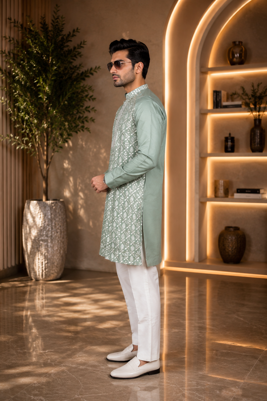 Men's Mint Green Embroidered Kurta with White Pajama | Premium Festive & Wedding Ethnic Wear 1903-437-GRN-EMB - Image 2
