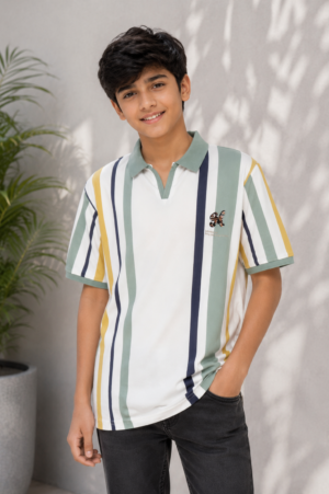 Boys White Multi-Stripe Mandarin Collar Cotton T-Shirt | Casual Half Sleeve Summer Tee 52276-268-BLU-LN