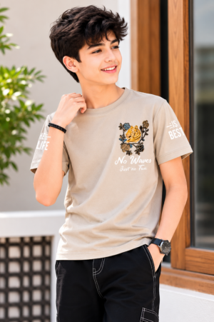 Boys Beige Graphic Print Oversized Cotton T-Shirt | Casual Half Sleeve Summer Tee 52086-268-MOS-PT