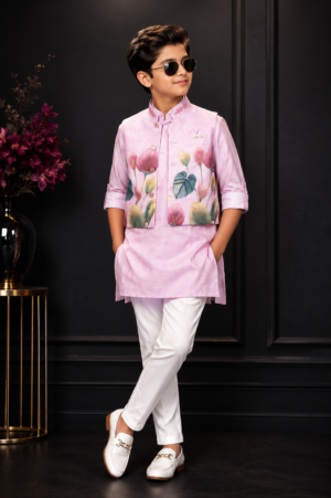 Boys Pink Kurta Pajama Set with Floral Printed Nehru Jacket | Festive Ethnic Wear 2650-366-PNK-PR