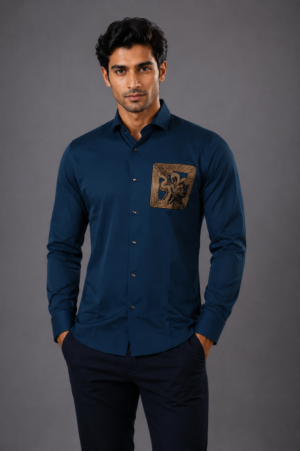 Men's Navy Blue Solid Slim Fit Full Sleeve Casual Shirt with Printed Chest Pocket | Soft Cotton Blend | Smart Casual Wear 17328-401-PCK