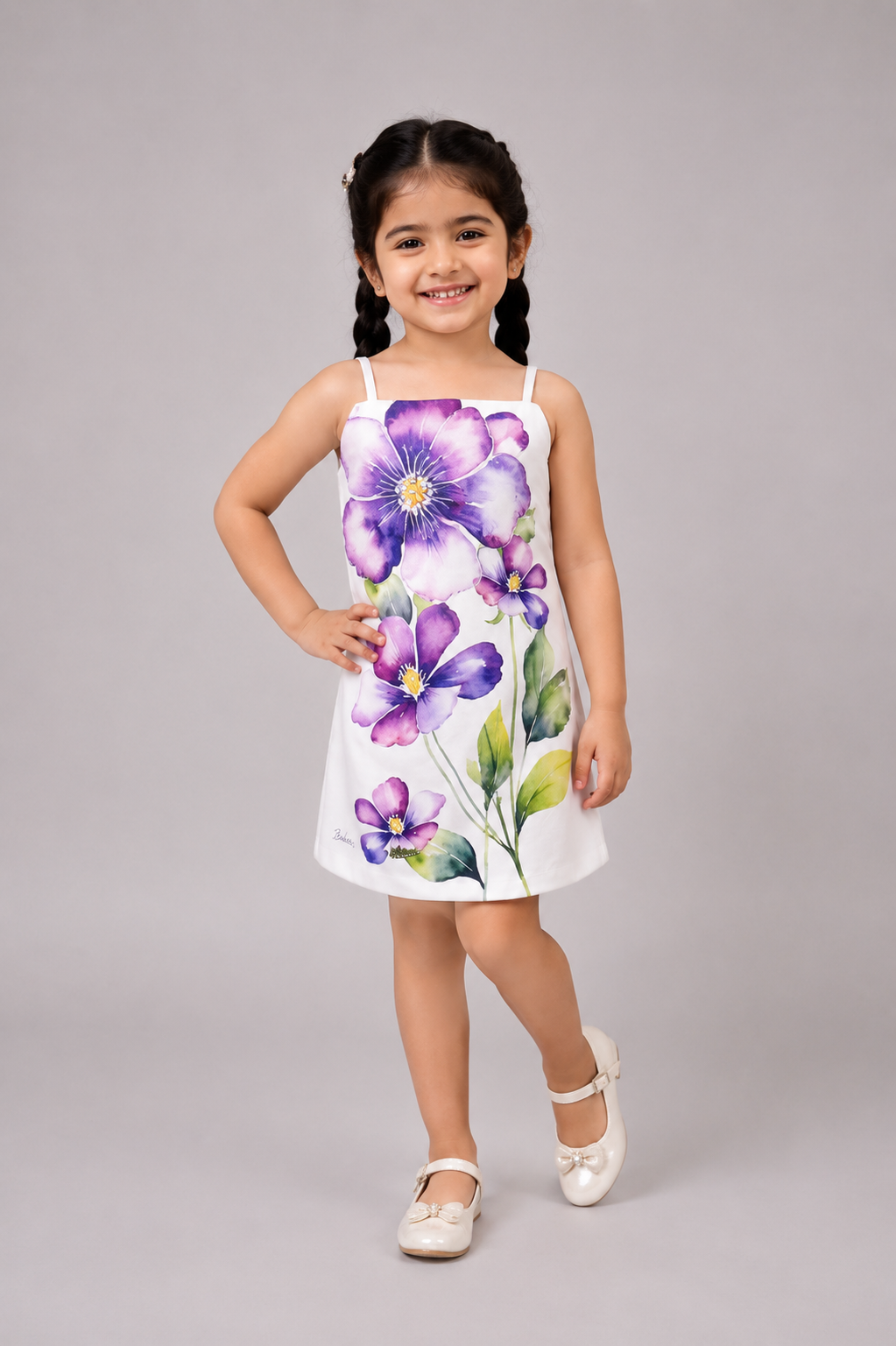 Girls White & Purple Floral Print Sleeveless Cotton A-Line Dress | Soft, Comfortable Casual & Party Wear 12/879-29-PPL WHT-PR