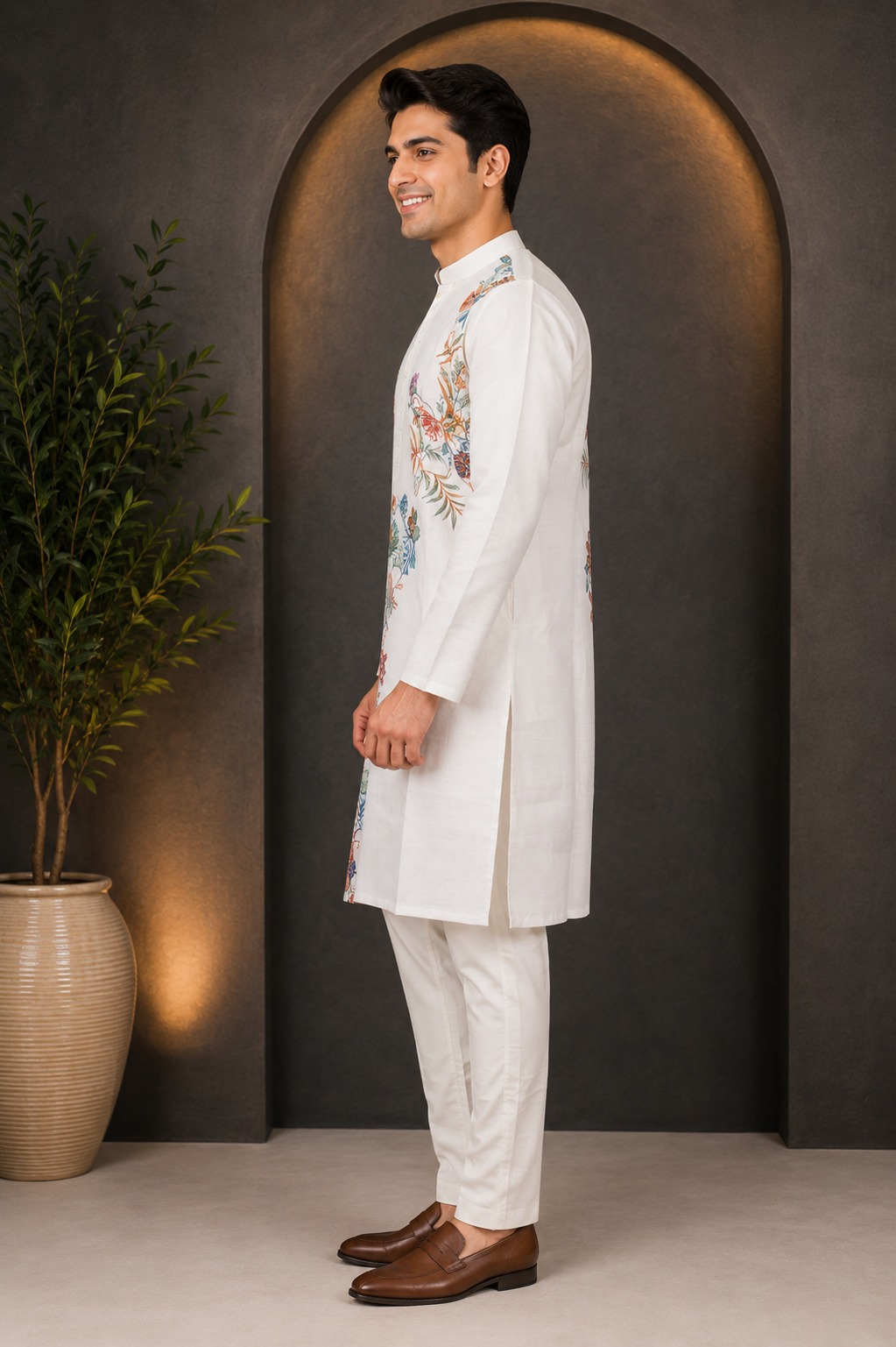 Men's White Floral Embroidered Kurta with White Pajama | Premium Festive Ethnic Wear 33159-368-OWT-PR - Image 2
