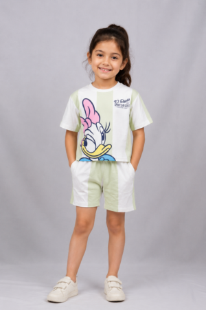 Girls White & Mint Green Cartoon Print Cotton T-Shirt & Shorts Co-Ord Set | Soft & Breathable Casual Summer Wear for Kids 14073-146-PST WHT-PR