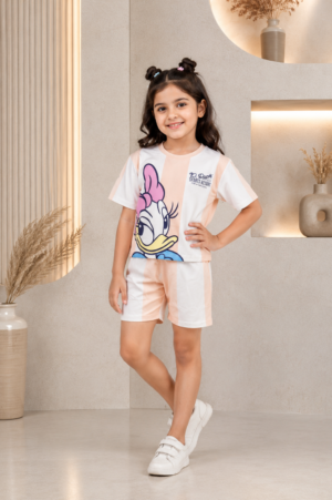 Girls White Cartoon Print Cotton T-Shirt & Shorts Co-Ord Set | Soft & Breathable Casual Summer Wear for Kids 14073-146-PCH WHT-PR