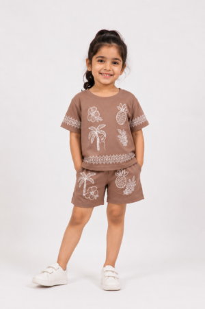 Girls Brown Printed Cotton Co-Ord Set | Half Sleeve T-Shirt & Shorts | Soft & Comfortable Casual Summer Wear 14079-146-CHK-PR