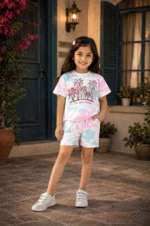 Girls Pink & Blue Tie-Dye Cotton T-Shirt & Shorts Co-Ord Set | Graphic Print | Soft & Breathable Casual Summer Wear 14091-47-PNK FRZ-PR