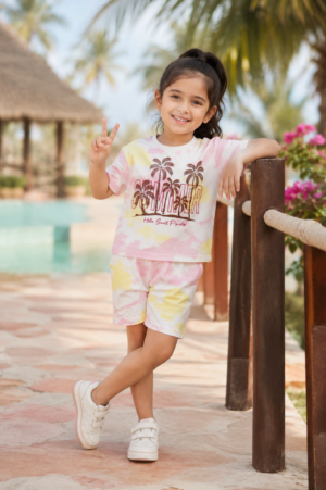 Girls Pink Tropical Print Cotton T-Shirt & Shorts Co-Ord Set | Soft & Breathable Casual Summer Wear for Kids 14091-47-PNK YLW-PR