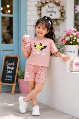 Girls Pink Graphic Print Cotton T-Shirt & Shorts Co-Ord Set | Soft & Breathable Casual Summer Wear for Kids 14148-146-PCH-PR