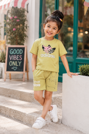 Girls Olive Green Graphic Print Cotton T-Shirt & Shorts Co-Ord Set | Soft & Breathable Casual Summer Wear for Kids 14148-146-PST GRN-PR
