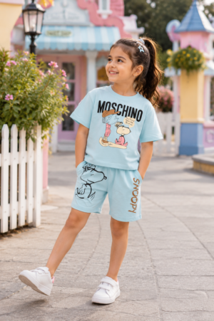 Girls Sky Blue Graphic Print Cotton T-Shirt & Shorts Co-Ord Set | Soft & Breathable Casual Summer Wear for Kids 14153-146-FRZ-PR