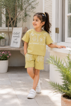 Girls Yellow Printed Cotton T-Shirt & Shorts Co-Ord Set | Soft & Breathable Casual Summer Wear for Kids 14196-47-PST-PR