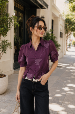 Women's Plum Embroidered Collared Shirt | Full Sleeves | Button-Down | Casual, Office & Daily Wear 15-24-DLV-EM