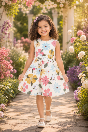 Girls White Multicolor Floral Printed Sleeveless Fit & Flare Dress | Stylish Kids Party & Summer Wear 1869-439-OW MLT-PR