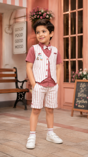 Boys Pink Striped Cotton Shirt, Waistcoat & Shorts 3-Piece Set | Smart Casual & Party Wear Outfit 509-41-RST WHT-PR