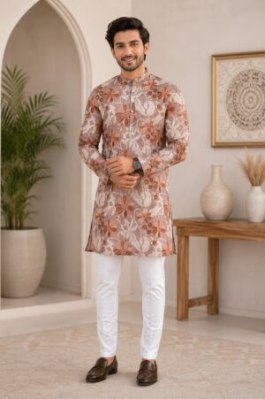 Men's Beige Floral Printed Kurta with White Pajama | Premium Festive Ethnic Wear 445A-366-CFE-PR