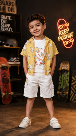 Boys Yellow Tropical Print Cotton Shirt, Graphic T-Shirt & White Shorts 3-Piece Set | Soft & Breathable Casual Summer Wear 5342-433-WHT YLW-PR