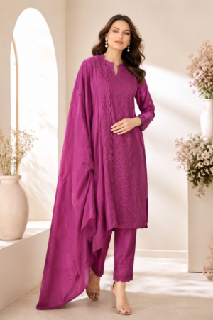 Women's Magenta Embroidered Kurta Pant & Dupatta Set | Elegant Straight Fit Ethnic Suit | Festive, Party & Office Wear 9857PL-340-ONN