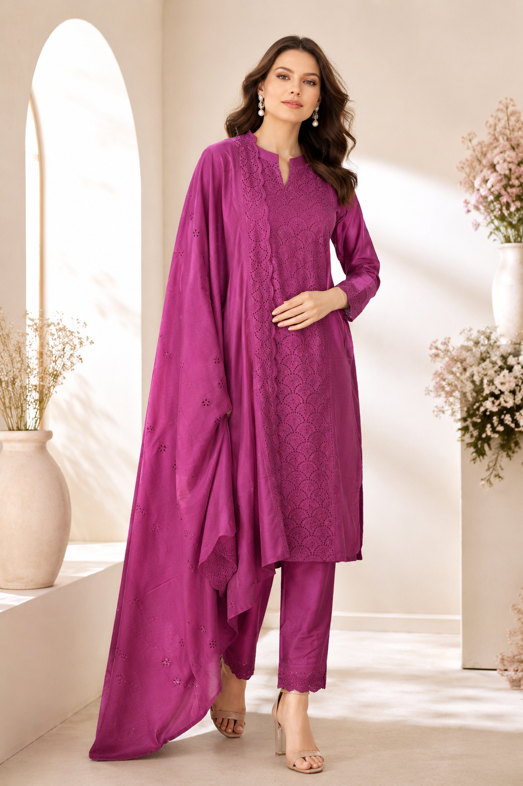 Women's Magenta Embroidered Kurta Pant & Dupatta Set | Elegant Straight Fit Ethnic Suit | Festive, Party & Office Wear 9857PL-340-ONN
