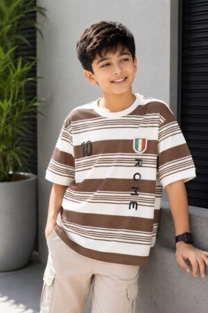 Boys Brown & White Striped Oversized Cotton T-Shirt | Casual Half Sleeve Graphic Tee 52203-49-FWN-LI