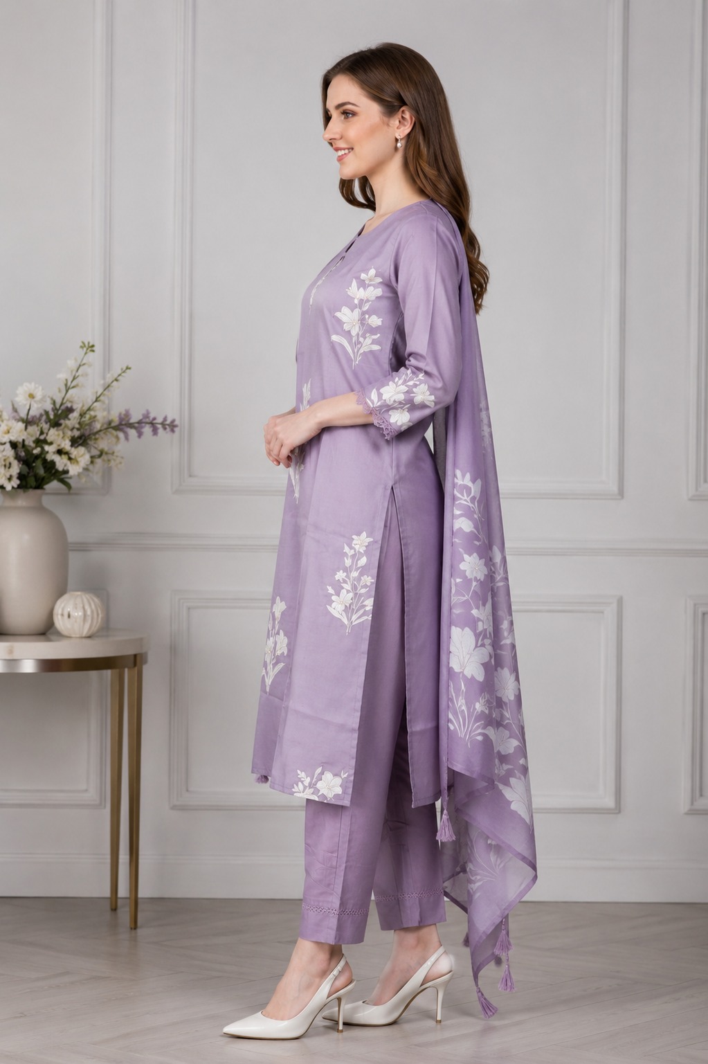 Women's Lavender Floral Printed Kurta Pant Dupatta Set | Elegant Ethnic Suit | Straight Fit | Festive, Office & Casual Wear 2829FL-449-LAV - Image 2