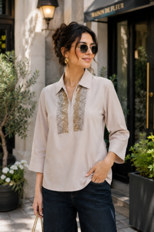 Women's Beige Embroidered Cotton V-Neck Top | 3/4 Sleeves | Straight Fit | Casual, Office & Daily Wear 2153MK-214-L MV-EM