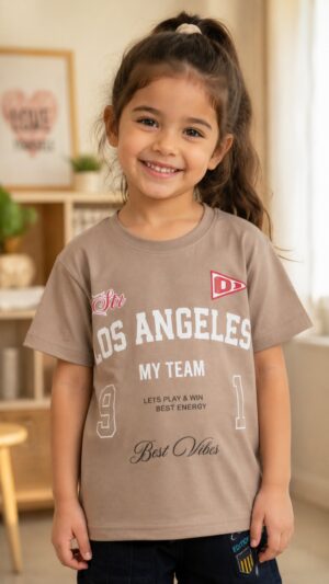 Girls' Taupe Graphic Printed Cotton T-Shirt | Casual Half Sleeve Kids Top 066-268-MOS-PR