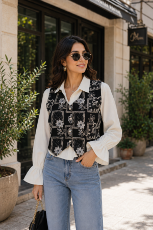 Women's Black & White Printed Knitted Sweater Vest | V-Neck | Sleeveless | Soft Knit | Casual Layering Top 2185-214-BLK WHT-EM