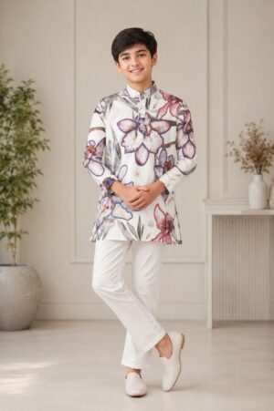 Boys White Floral Printed Cotton Kurta with White Pajama Set | Premium Festive Ethnic Wear 440-366-CRM-PR