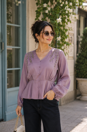Women's Lavender Embroidered Peplum Top | V-Neck | Full Sleeves | Relaxed Fit | Casual, Office & Party Wear 2226MK-214-ONN-EM