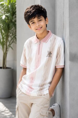 Boys White & Blush Pink Striped Polo Collar Cotton T-Shirt | Casual Half Sleeve Summer Tee 52224-268-PNK-LI