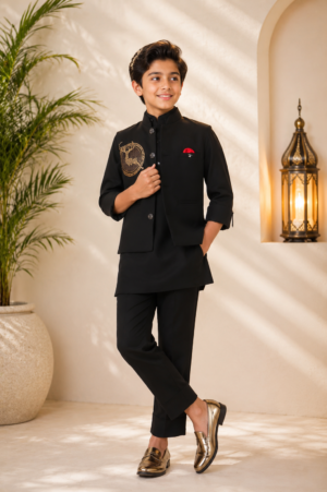 Boys Black Kurta Pajama Set with Designer Nehru Jacket | Premium Festive Ethnic Wear 3620-30-BLK-PR