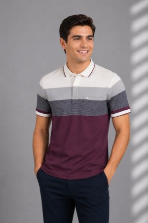 Men's Maroon, Grey & White Color Block Polo T-Shirt | Premium Cotton Short Sleeve Polo Neck Tee 23067-278-WHT/LNN.MRQ