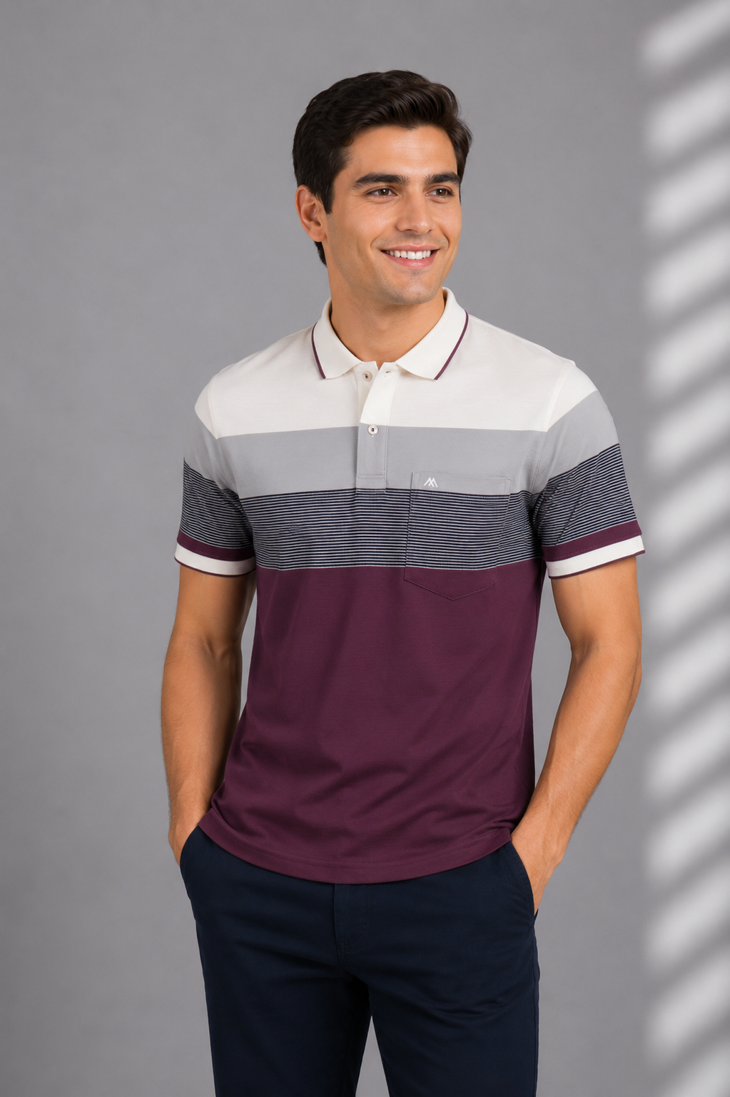 Men's Maroon, Grey & White Color Block Polo T-Shirt | Premium Cotton Short Sleeve Polo Neck Tee 23067-278-WHT/LNN.MRQ