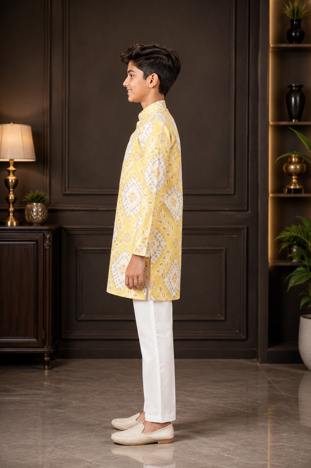 Boys Mustard Yellow Printed Cotton Kurta with White Pajama Set | Festive Ethnic Wear 431-366-YLW-PR - Image 2