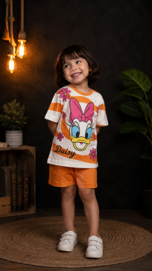 Girls Daisy Duck Graphic Print Cotton Co-Ord Set | Half Sleeve T-Shirt & Shorts Casual Summer Outfit 14220PR-268-ORG WHT
