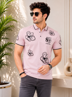 Men's Light Pink Floral Printed Polo T-Shirt | Premium Cotton Blend Half Sleeve Collared Casual Tee | Regular Fit Smart Casual Wear 14057FL-338-ONN