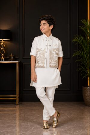 Boys White Kurta Pajama Set with Gold Embroidered Nehru Jacket | Premium Festive Ethnic Wear 2670-366-CRM-PR