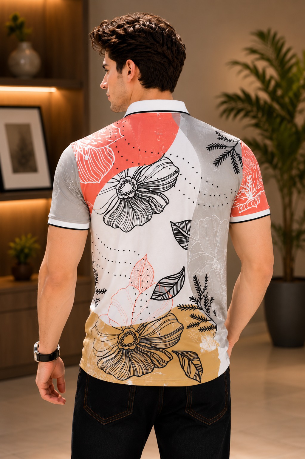 Men's Floral Printed Polo T-Shirt | Premium Cotton Blend Half Sleeve Casual Collar Tee | Smart Casual Summer Wea 14005FL-338-MLT - Image 2