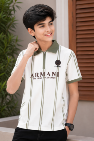 Boys White & Olive Green Striped Polo Collar Cotton T-Shirt | Casual Half Sleeve Summer Tee 52601-020-WHT-LI