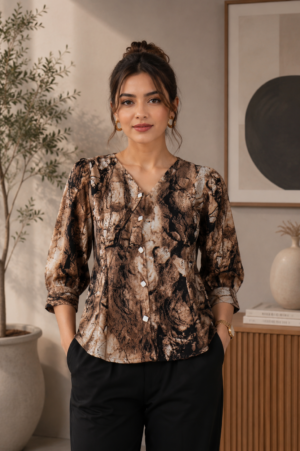 Women's Brown Abstract Print V-Neck Top | 3/4 Sleeve Casual Western Wear LD31-427-BWN BLK-PR