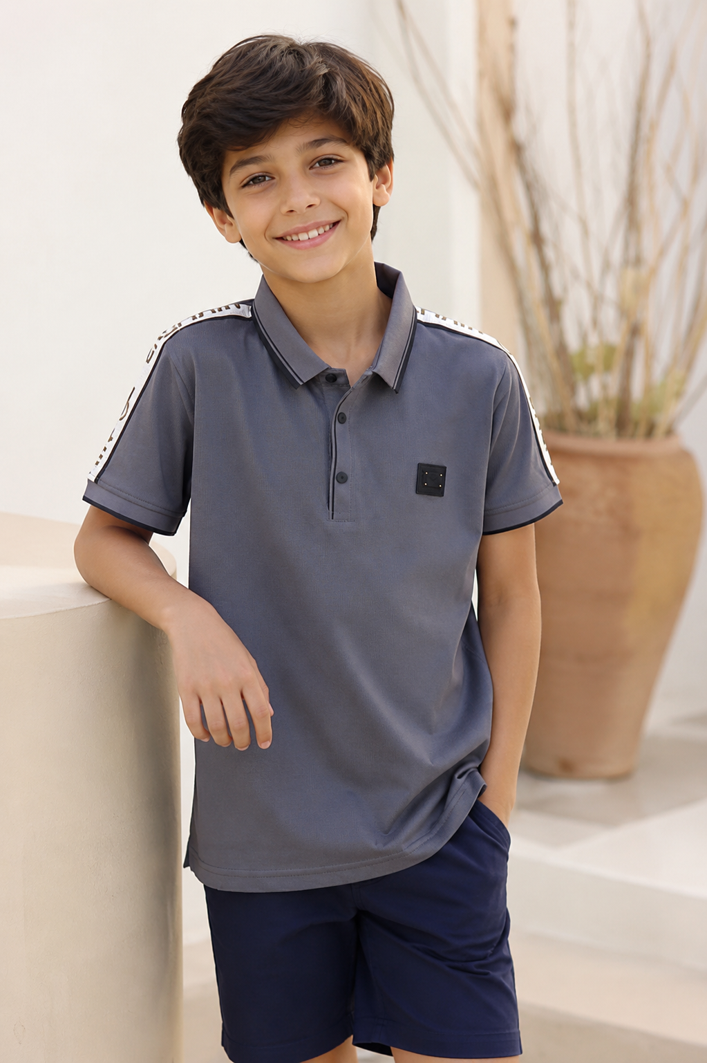 Boys' Premium Charcoal Grey Cotton Polo T-Shirt with Navy Blue Shorts Co-Ord Set | Stylish Casual Summer Outfit for Kids 1744-416-DGRY-PR