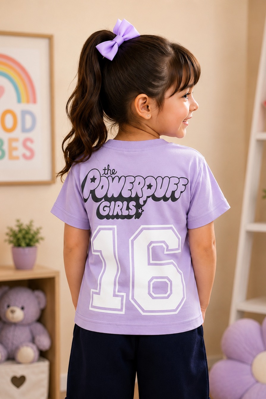 Girls Powerpuff Girls Printed Lavender Cotton T-Shirt | Casual Half Sleeve Tee 066-268-LAV-PT - Image 2