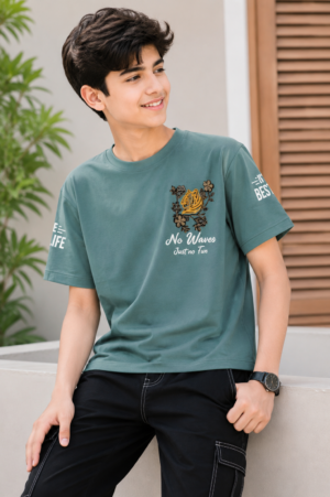 Boys Teal Green Graphic Print Oversized Cotton T-Shirt | Casual Half Sleeve Summer Tee 52086-268-GRN-PT